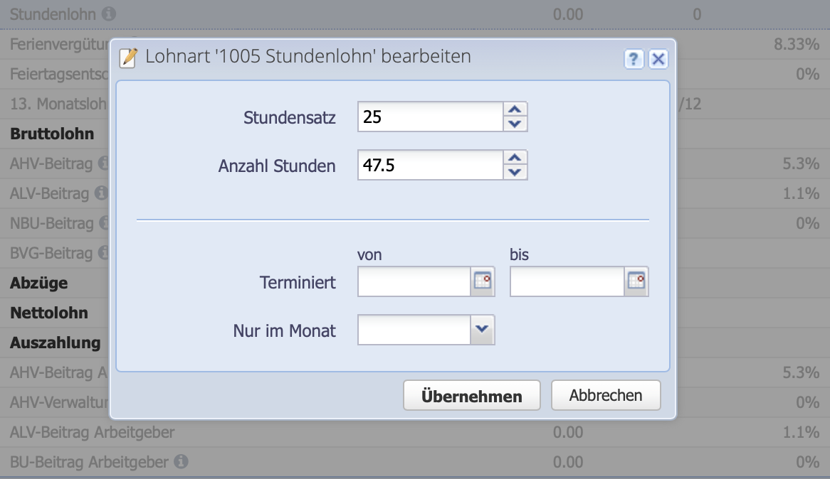Screenshot des Hinzufügen-Dialogs für eine neue Lohnabrechnung mit der geöffneten Eingabemaske für den Stundenlohn