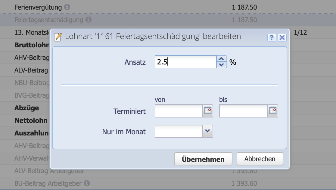 Screenshot eines Bearbeiten Dialogs einer Lohnart
