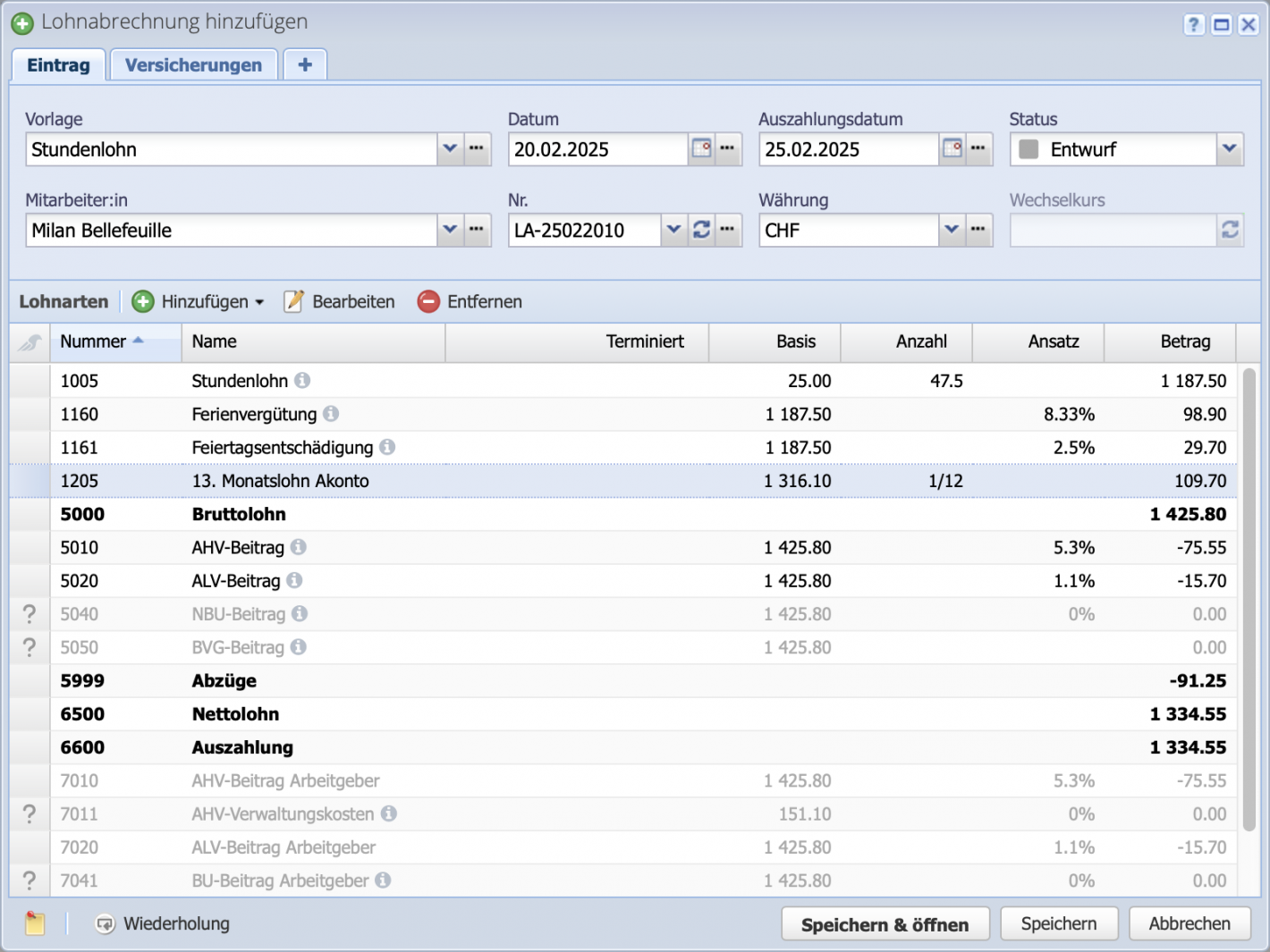 Screenshot des Dialogs für eine neue Lohnabrechnung mit Stundenlohn und anteiligem 13. Monatslohn Akonto