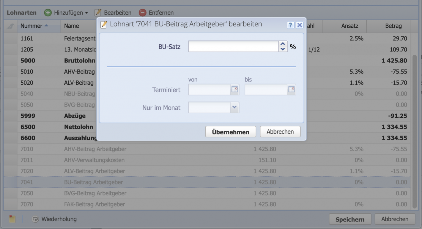 Screenshot des Bearbeiten Dialogs der Lohnart 7041 BU Beitrag Arbeitgeber