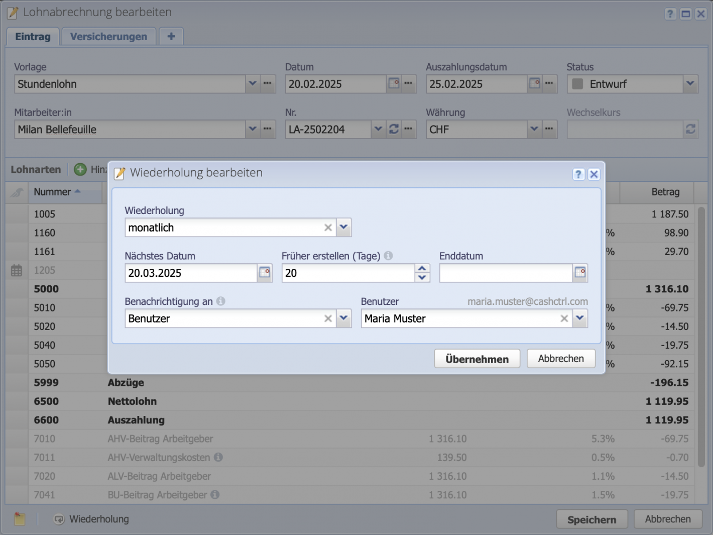 Screenshot des Wiederholungen Dialogs bei der Lohnabrechnung für einen automatischen Lohnlauf