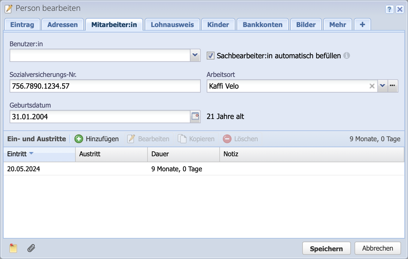 Screenshot des Mitarbeiter Reiters bei einem Kontakt