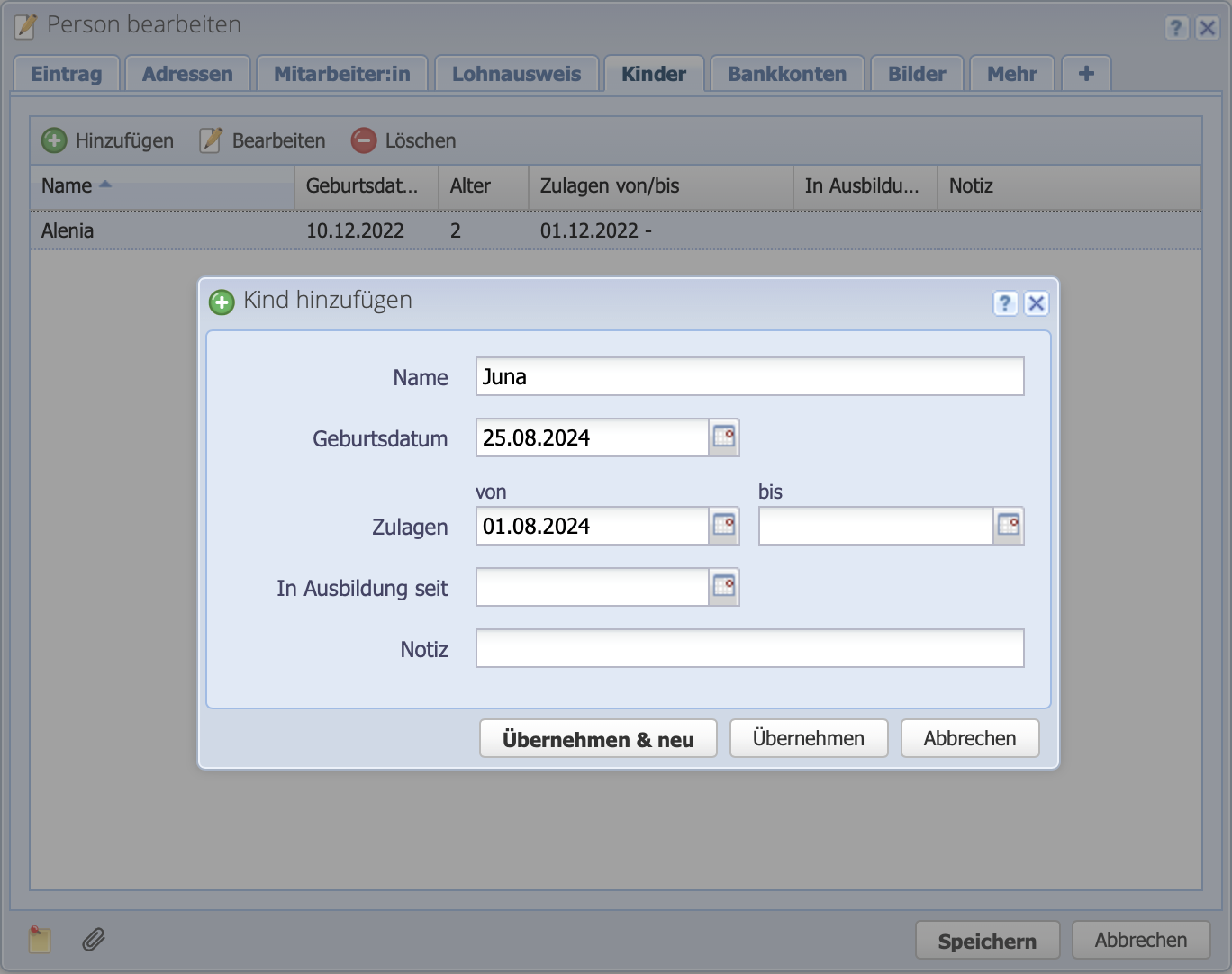 Screenshot des Kinder Reiters um Kinder bei einer Mitarbeiterin zu erfassen