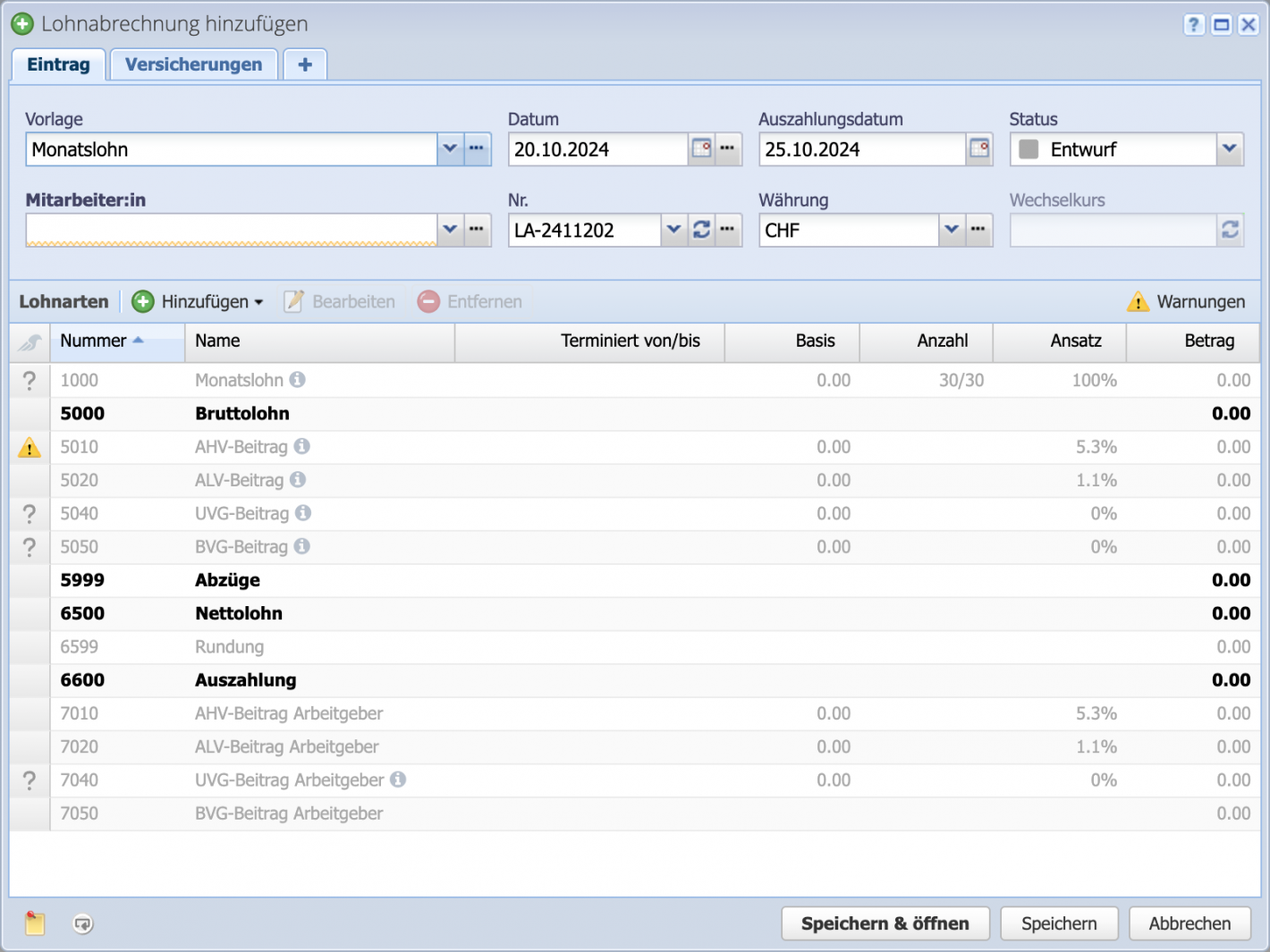Screenshot vom Erstellen einer Lohnabrechnung