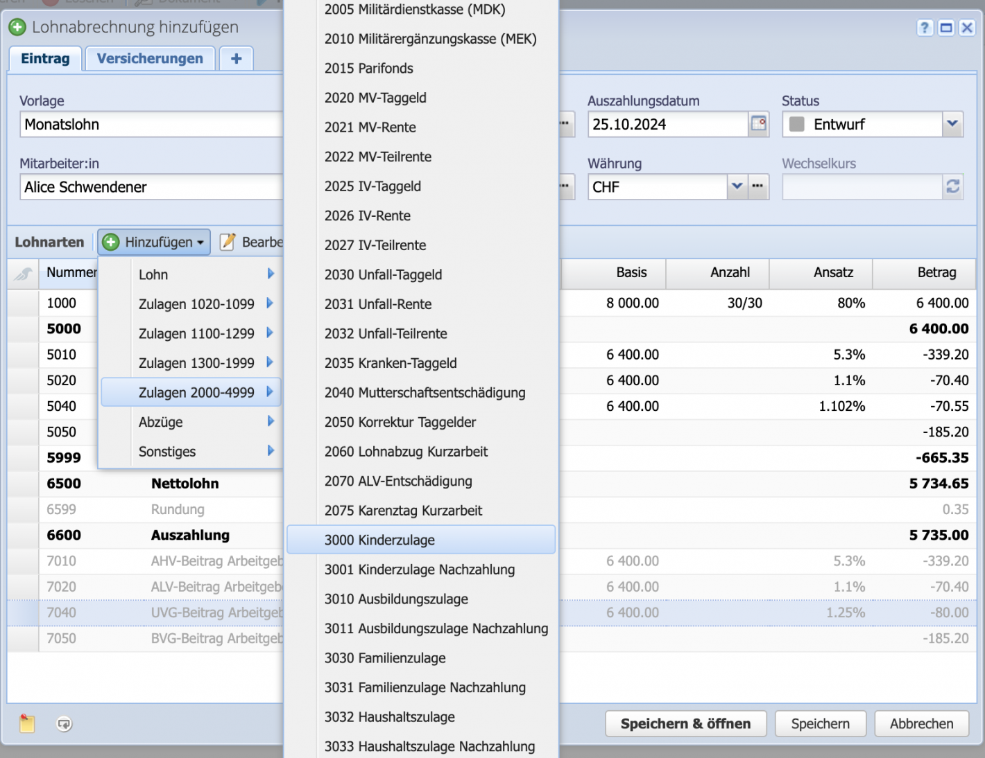 Screenshot des Dropdown Menüs zum Hinzufügen von weiteren Lohnarten wie Zulagen oder Abzügen
