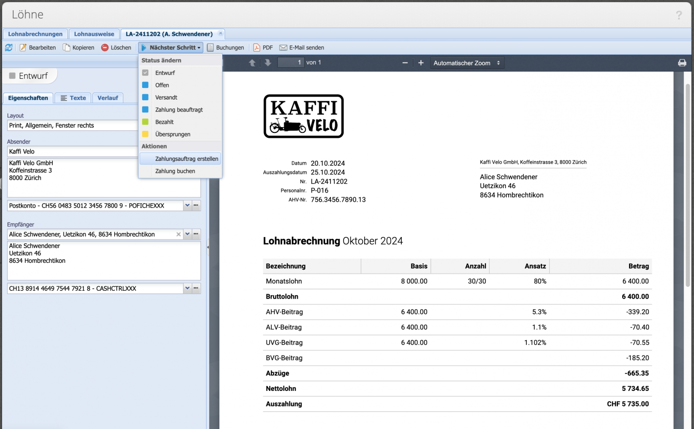Screenshot der PDF Vorschau einer fertigen Lohnabrechnung, welche per E-Mail verschickt werden kann.