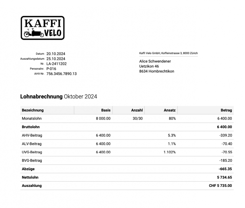 Screenshot einer Lohnabrechnung, die mit CashCtrl erstellt wurde