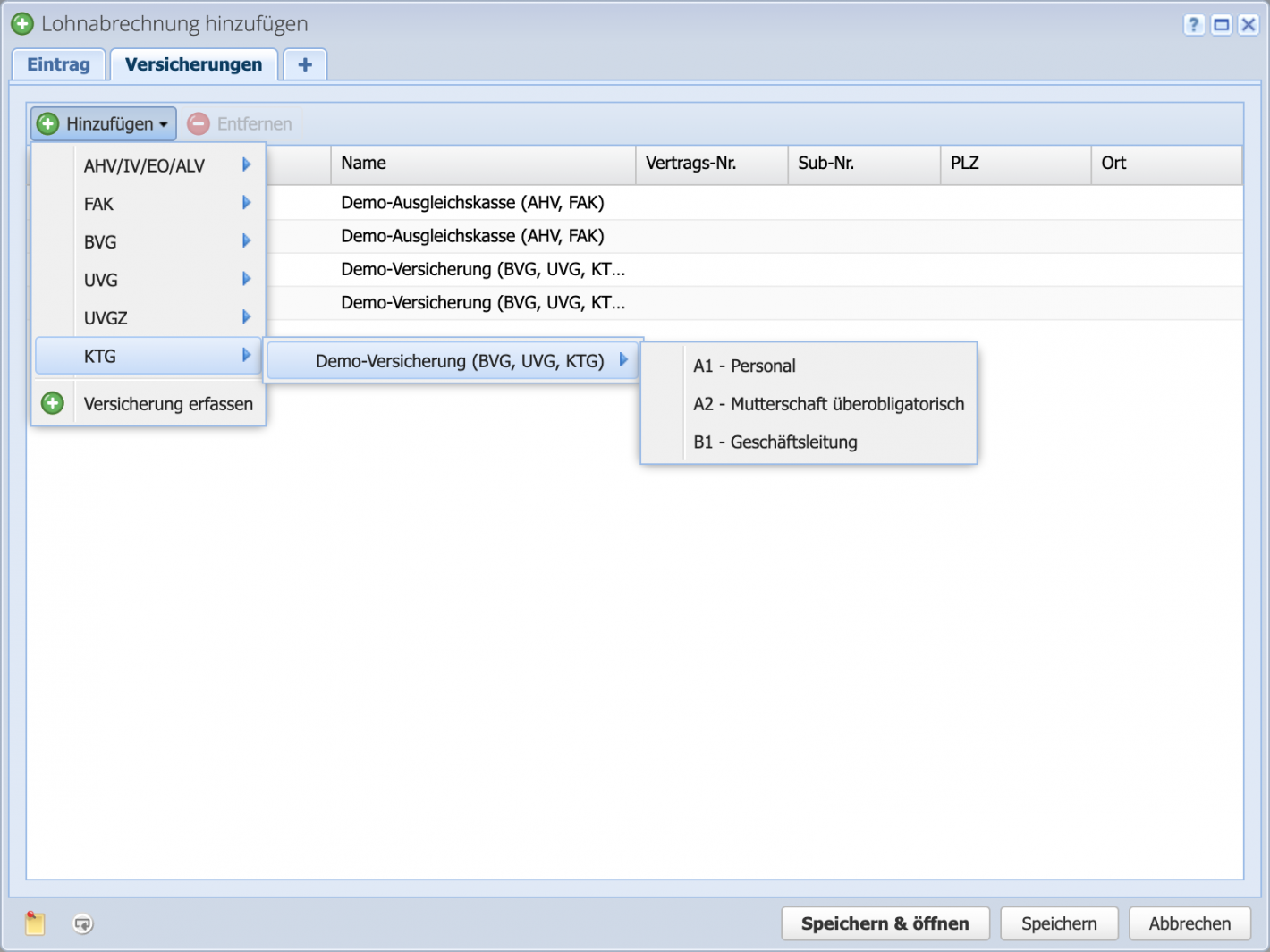 Screenshot des Versicherungen Reiters, wo die Versicherungen gesetzt werden.