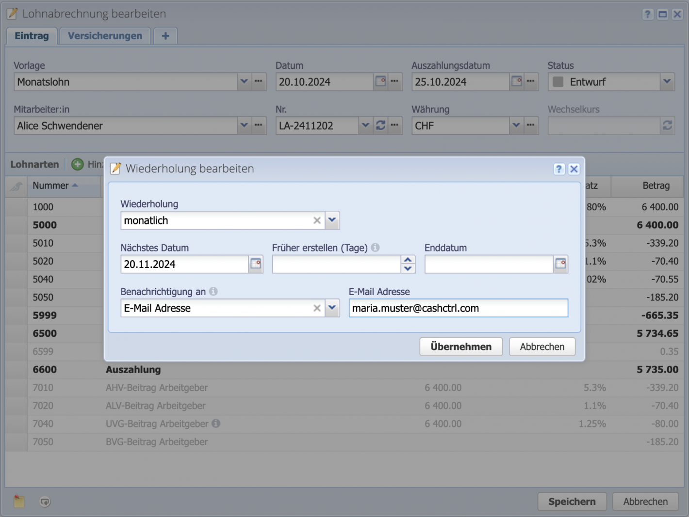 Screenshot des Wiederholungen Dialogs, wo der Lohnlauf eingestellt wird