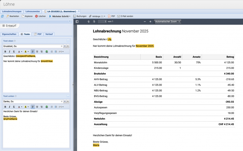 Screenshot einer Lohnabrechnung mit den Textvorlagen für Text oben und unten