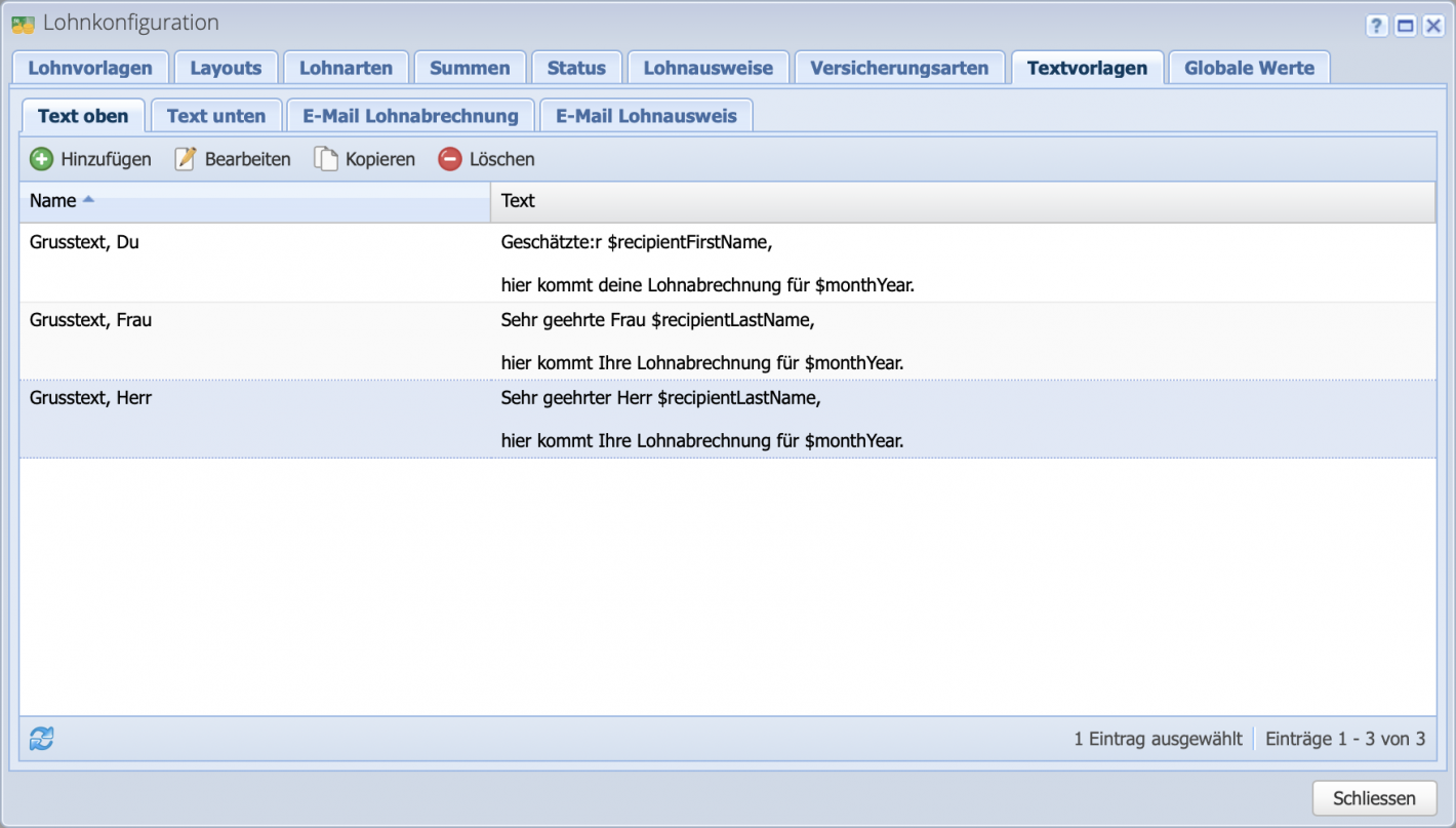 Screenshot der Lohnkonfiguration mit dem Reiter Textvorlagen
