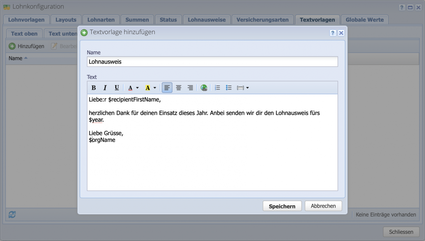 Screenshot der Lohnkonfiguration mit dem Hinzufügen Dialog für eine neue Textvorlage