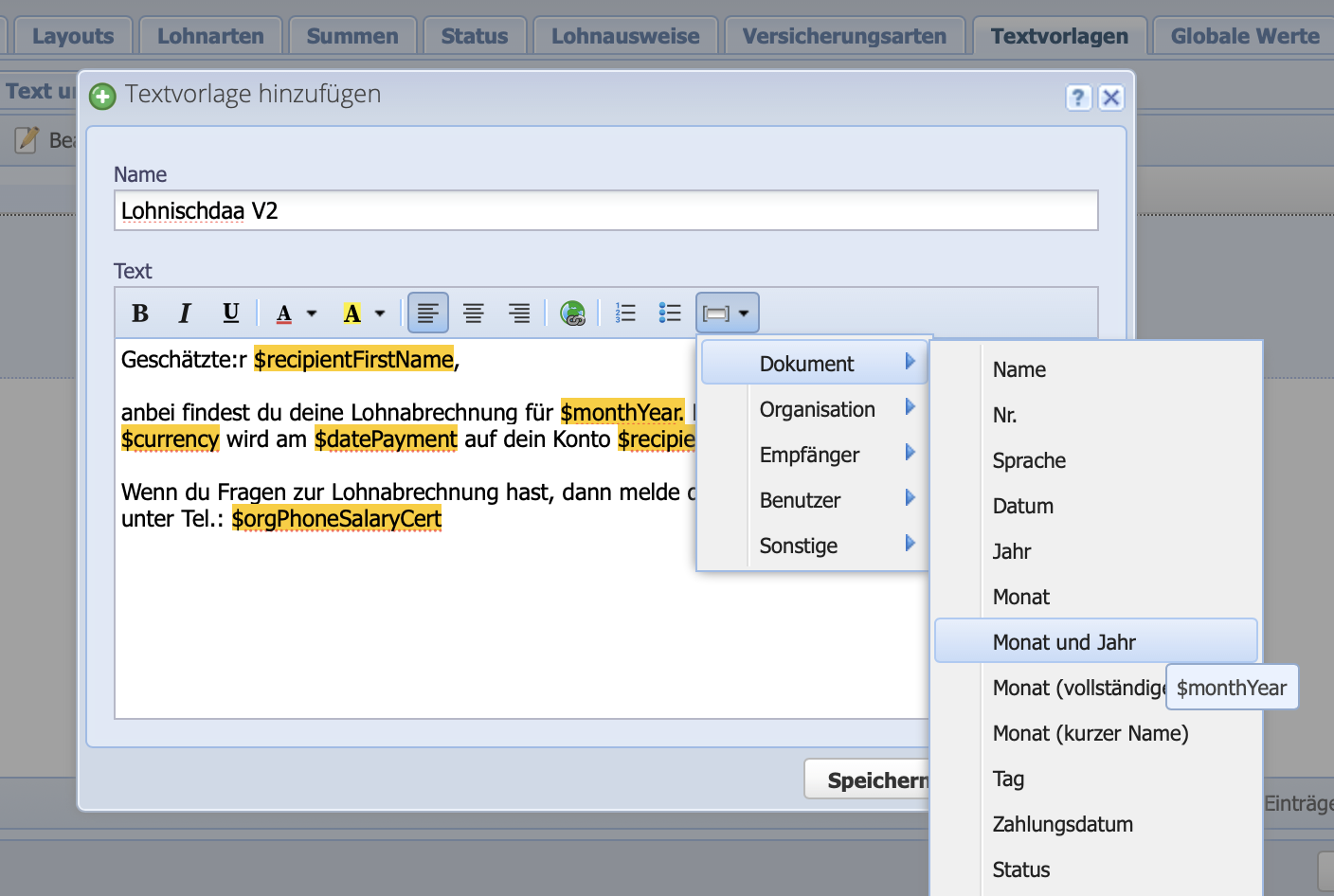 Screenshot des Variablen Menüs wo Platzhalter für Textvorlagen ausgewählt werden können