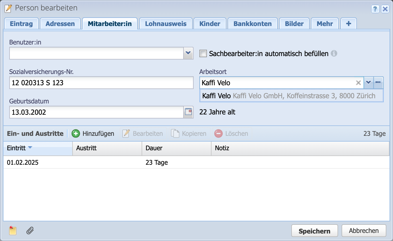 Screenshot des Mitarbeiter Reiters einer Person, wo Daten f&uuml;r die Lohnbuchhaltung erfasst werden