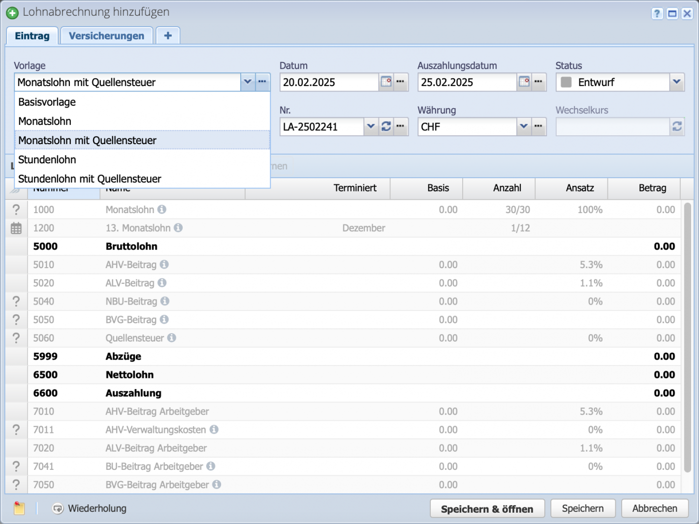 Screenshot einer Lohnabrechnung mit dem ge&ouml;ffneten Dropdownmen&uuml; der Lohnvorlagen