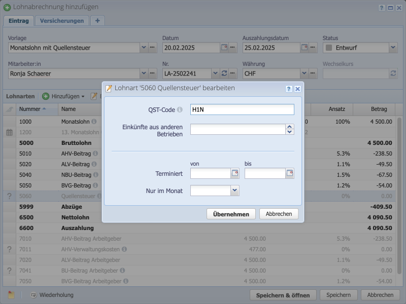 Screenshot einer Lohnabrechnung im Bearbeiten Dialog mit der Lohnart 5060 Quellensteuer