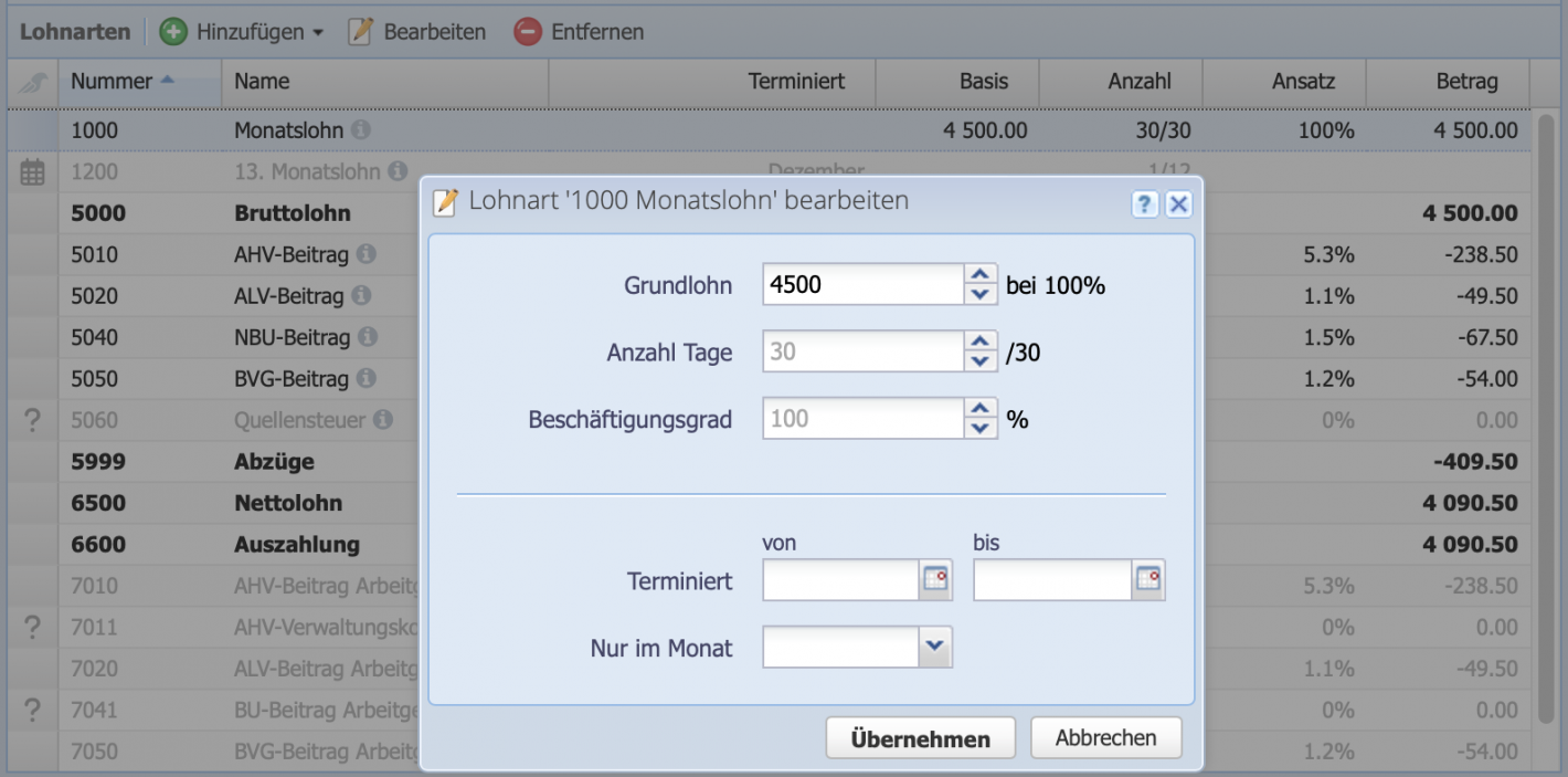 Screenshot einer Lohnabrechnung im Bearbeiten Dialog wo die Lohnart 1000 Monatslohn eingegeben wird