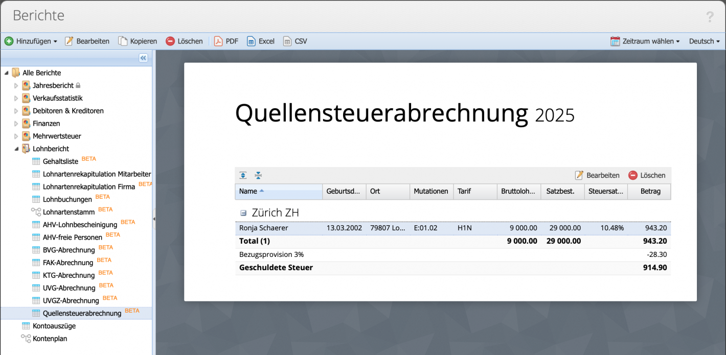 Screenshot des Quellesteuerberichts im Bereich Berichte