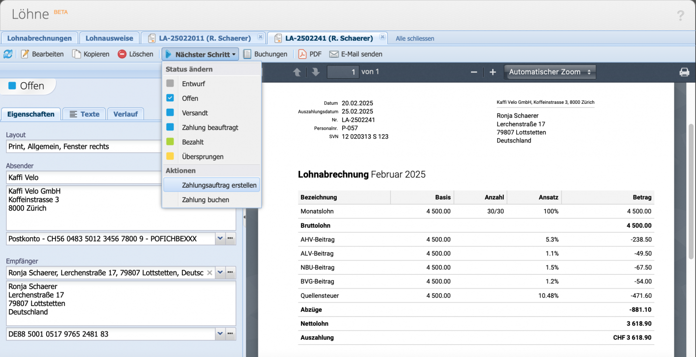 Screenshot der PDF Vorschau einer fertigen Lohnabrechnung mit ge&ouml;ffnetem "N&auml;chster Schritt" Men&uuml;