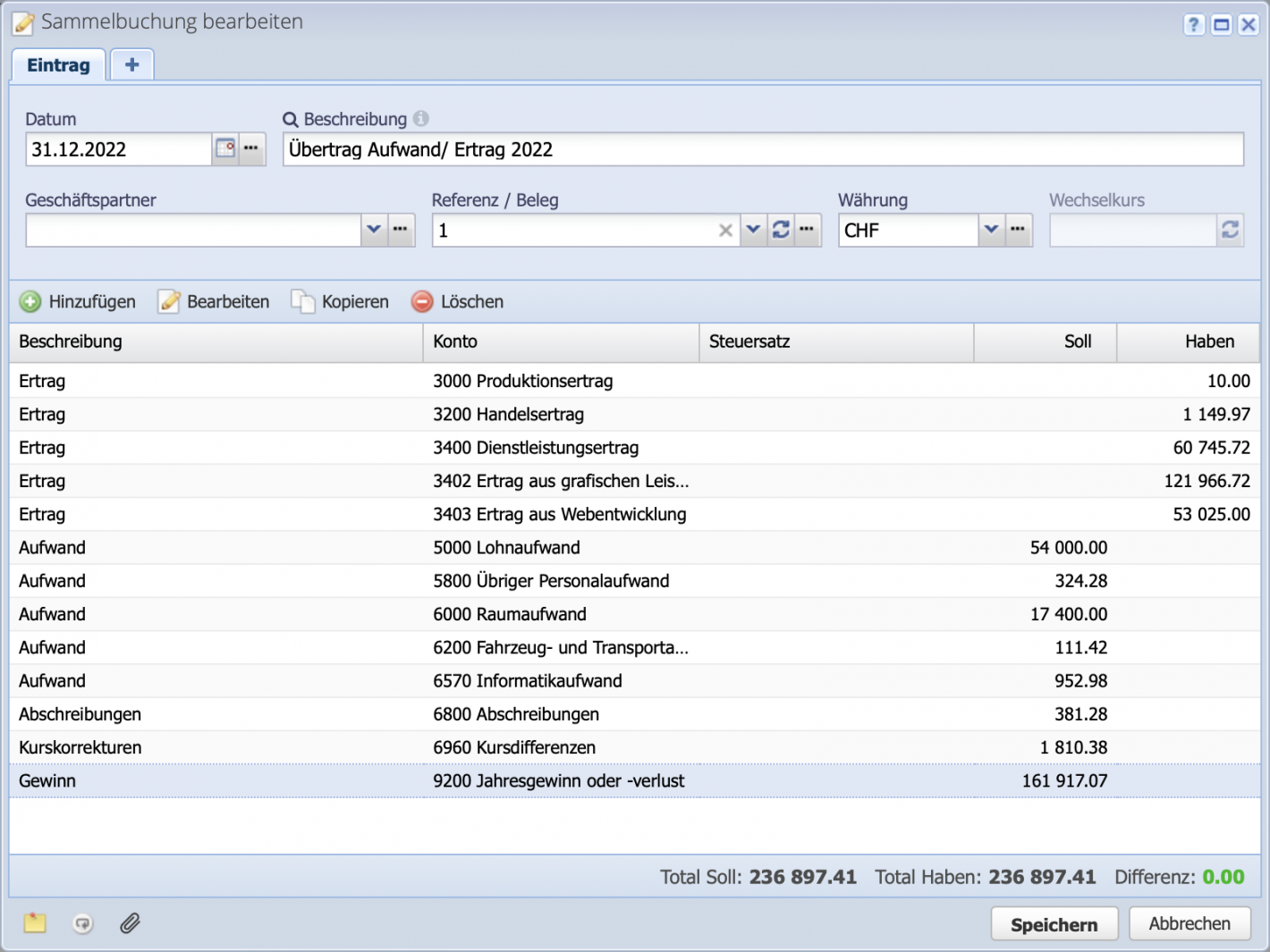 Screenshot der Sammelbuchung zur Erfassung der Aufwände und Erträge