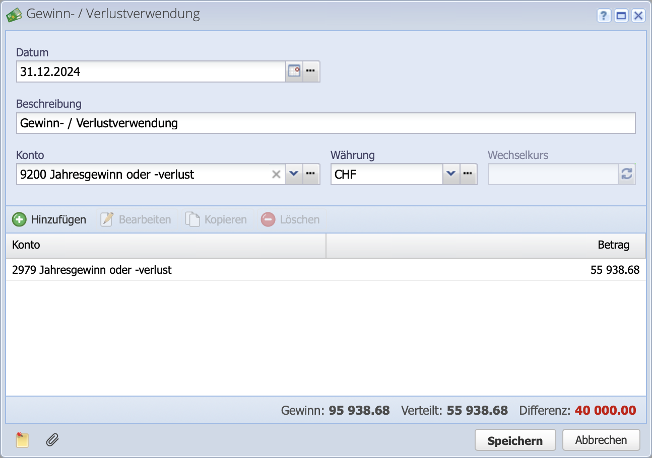 Screenshot des Gewinn-/ Verlustverwendungsdialogs beim Jahresabschluss