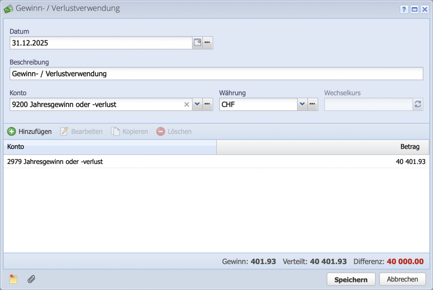 Screenshot des Gewinn-/ Verlustverwendungsdialogs beim Jahresabschluss