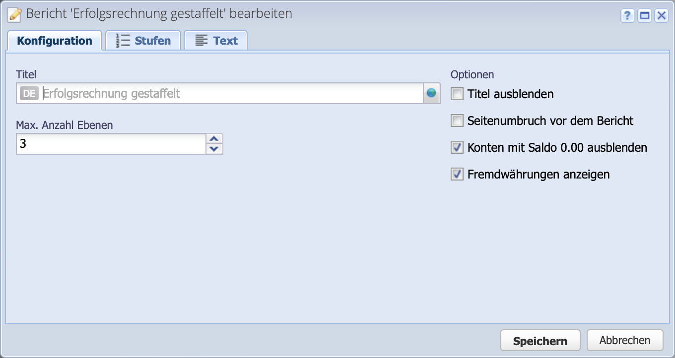 Screenshot of the dialog window for configuring the staggered income statement