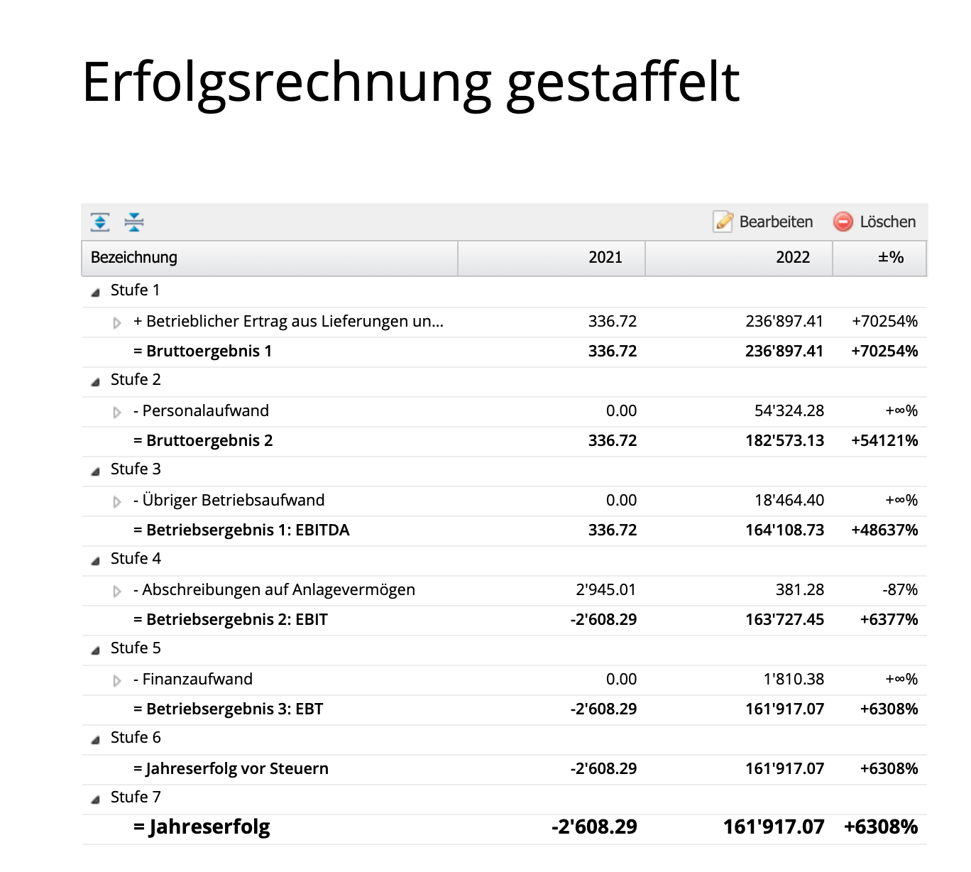 Screenshot der Erfolgsrechnung im Berichte Modul von CashCtrl