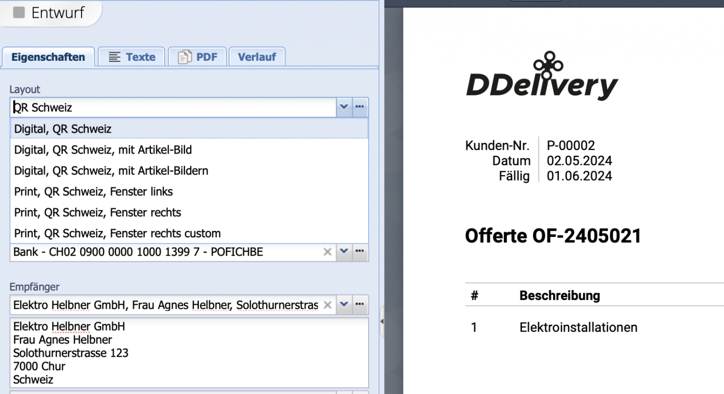 Screenshot of the drop-down menu with selection of layouts