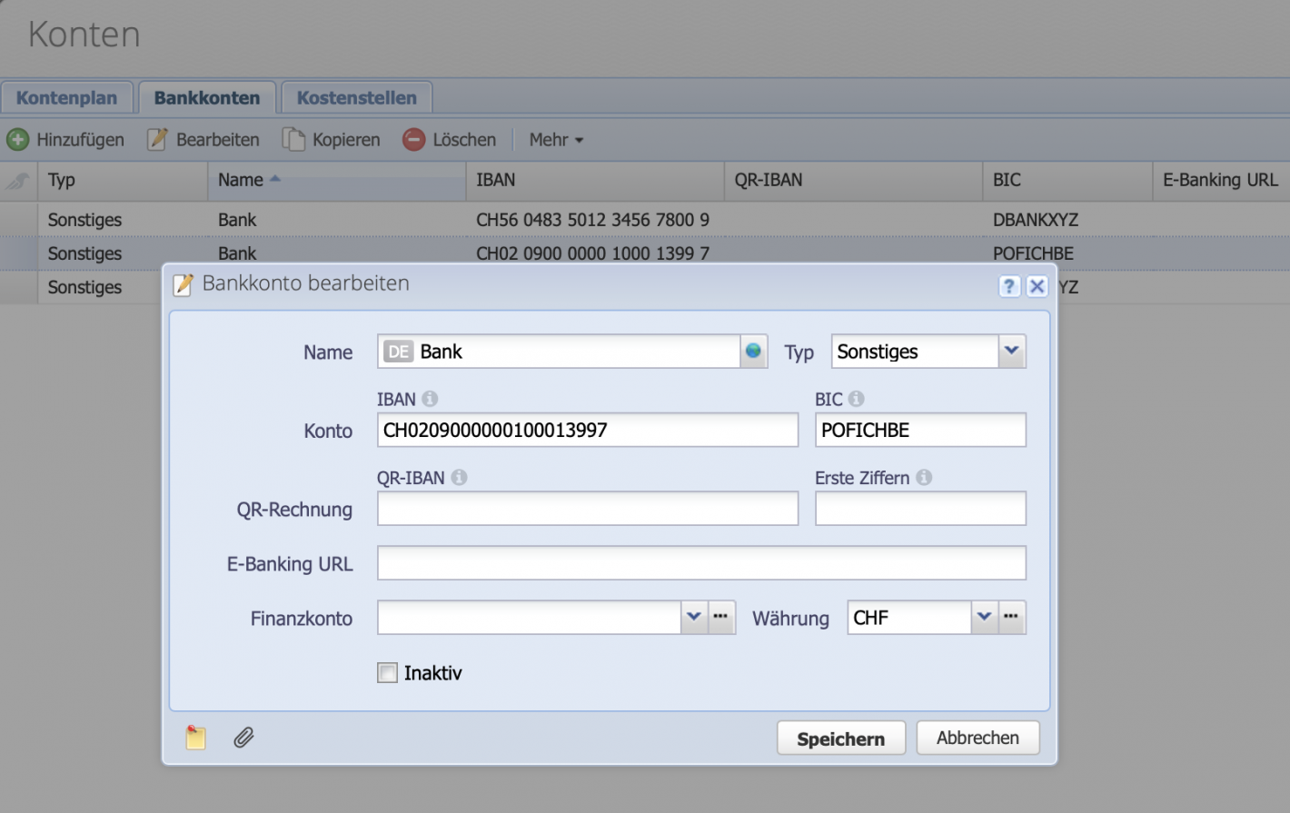 Screenshot of the bank account tab, where a bank account can be entered