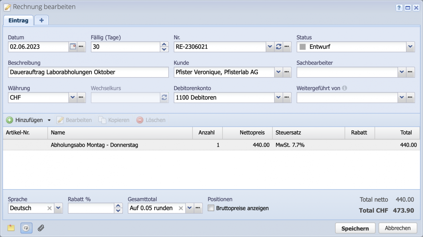 Screenshot invoice dialog with individual positions