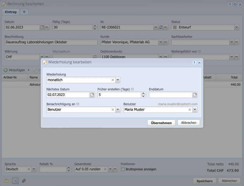 Screenshot of the Recurrences dialog when creating a recurring invoice