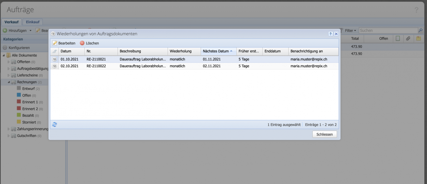 Screenshot overview of orders with one recurrence.