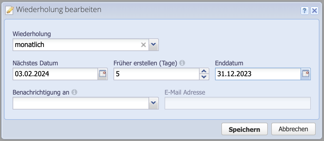 Screenshot of the Recurrence dialog