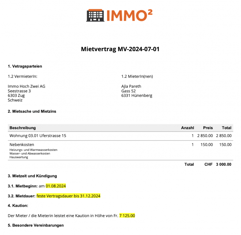 Screenshot eines Mietvertrags f&uuml;r eine Wohnung