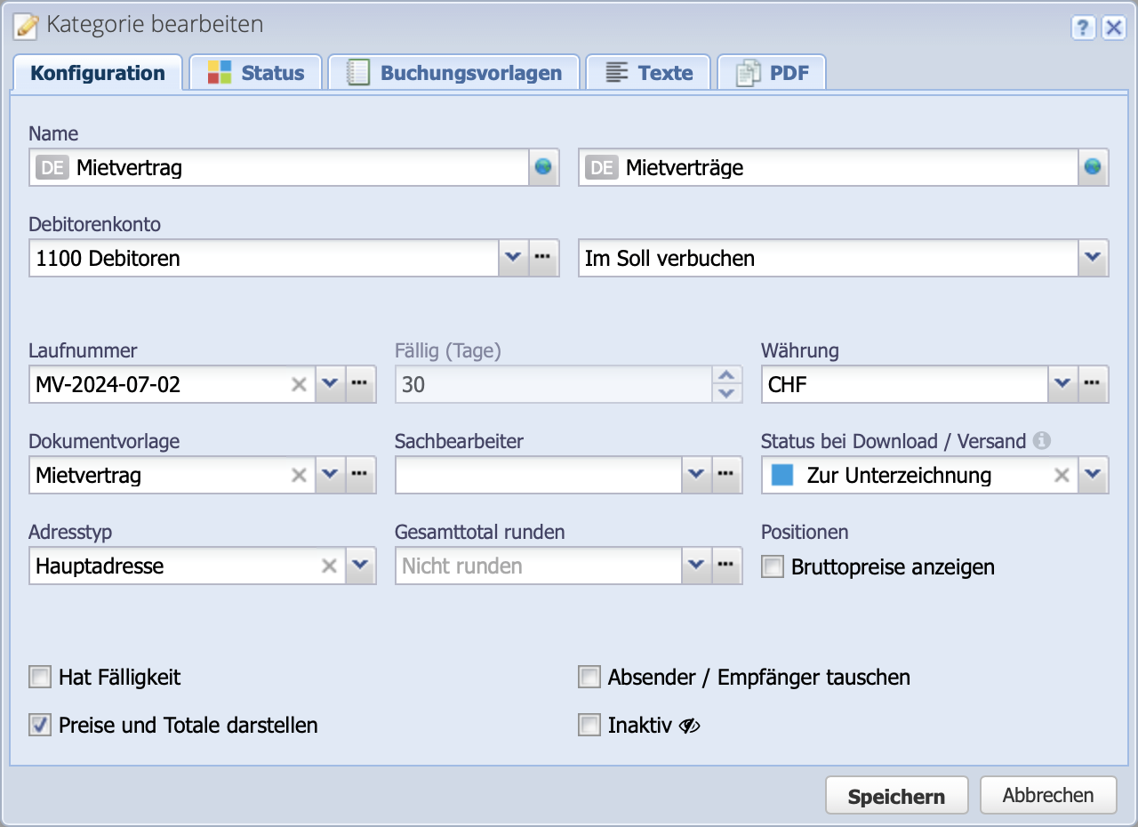 Screenshot der Konfiguration der Auftragskategorie Mietvertr&auml;ge