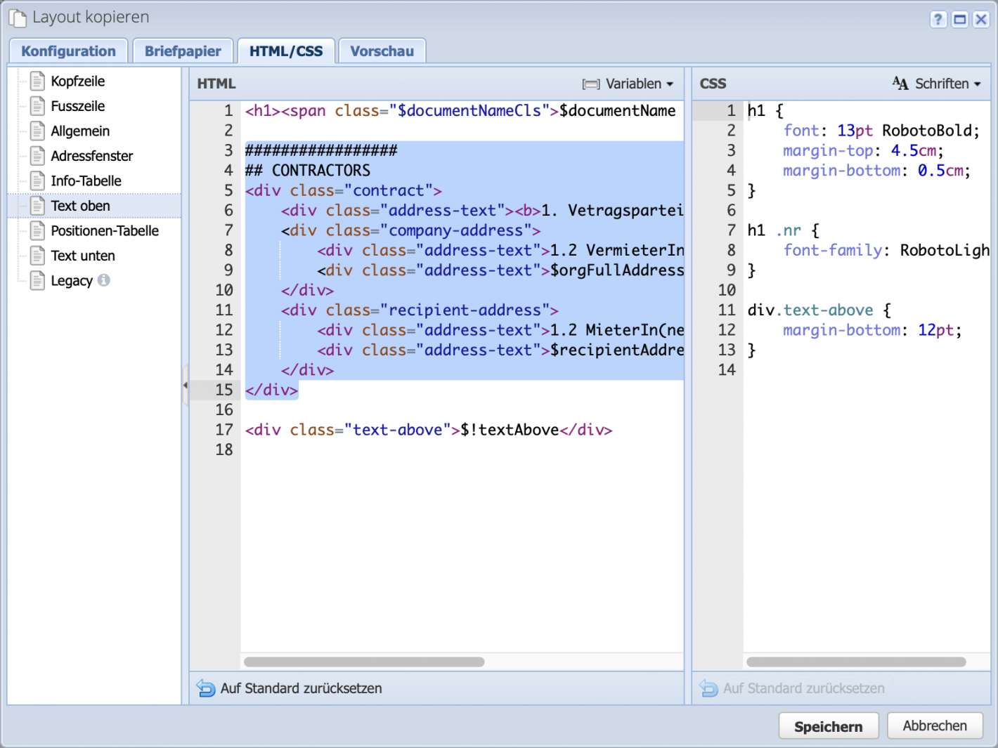 Screenshot des HTML / CSS Reiters des Layouts