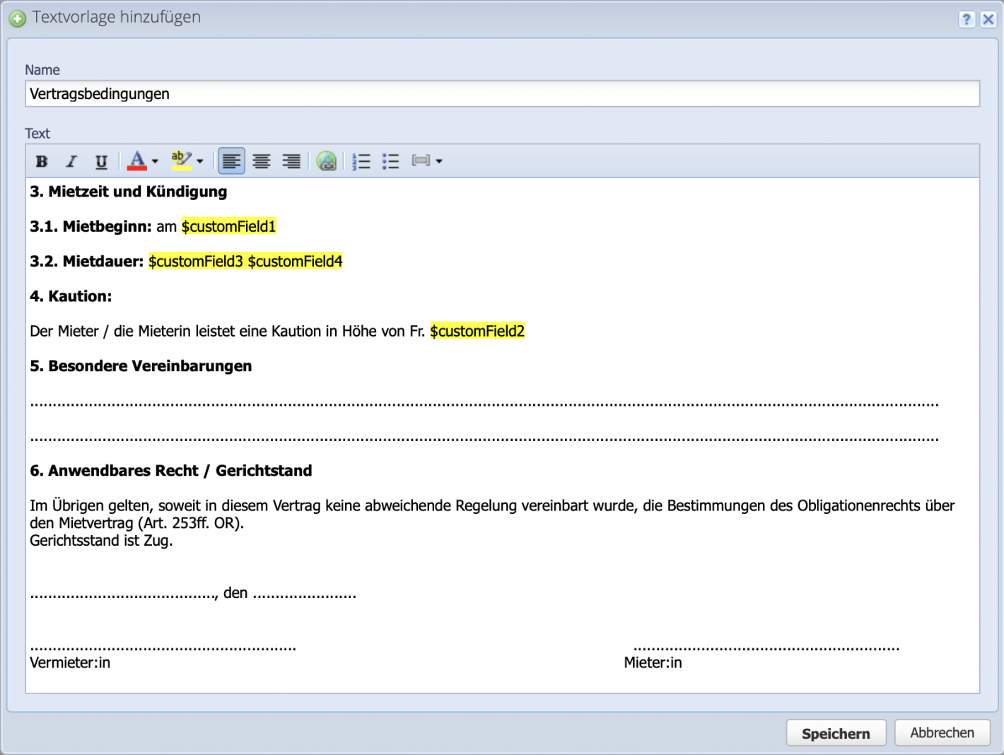 Screenshot der Textvorlage f&uuml;r die Vertragsbedingungen