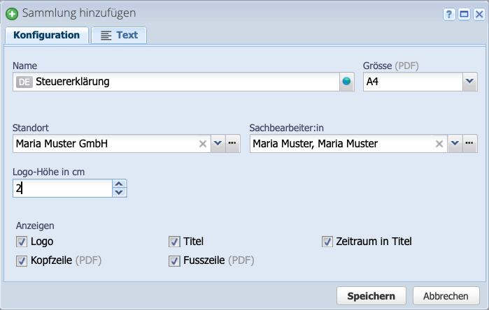 Screenshot der Konfiguration einer Berichte Sammlung