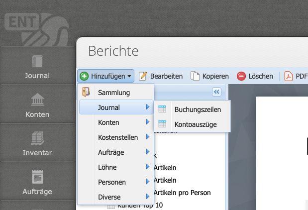 Screenshot CashCtrl Berichte Hinzufügen Dropdown Menü
