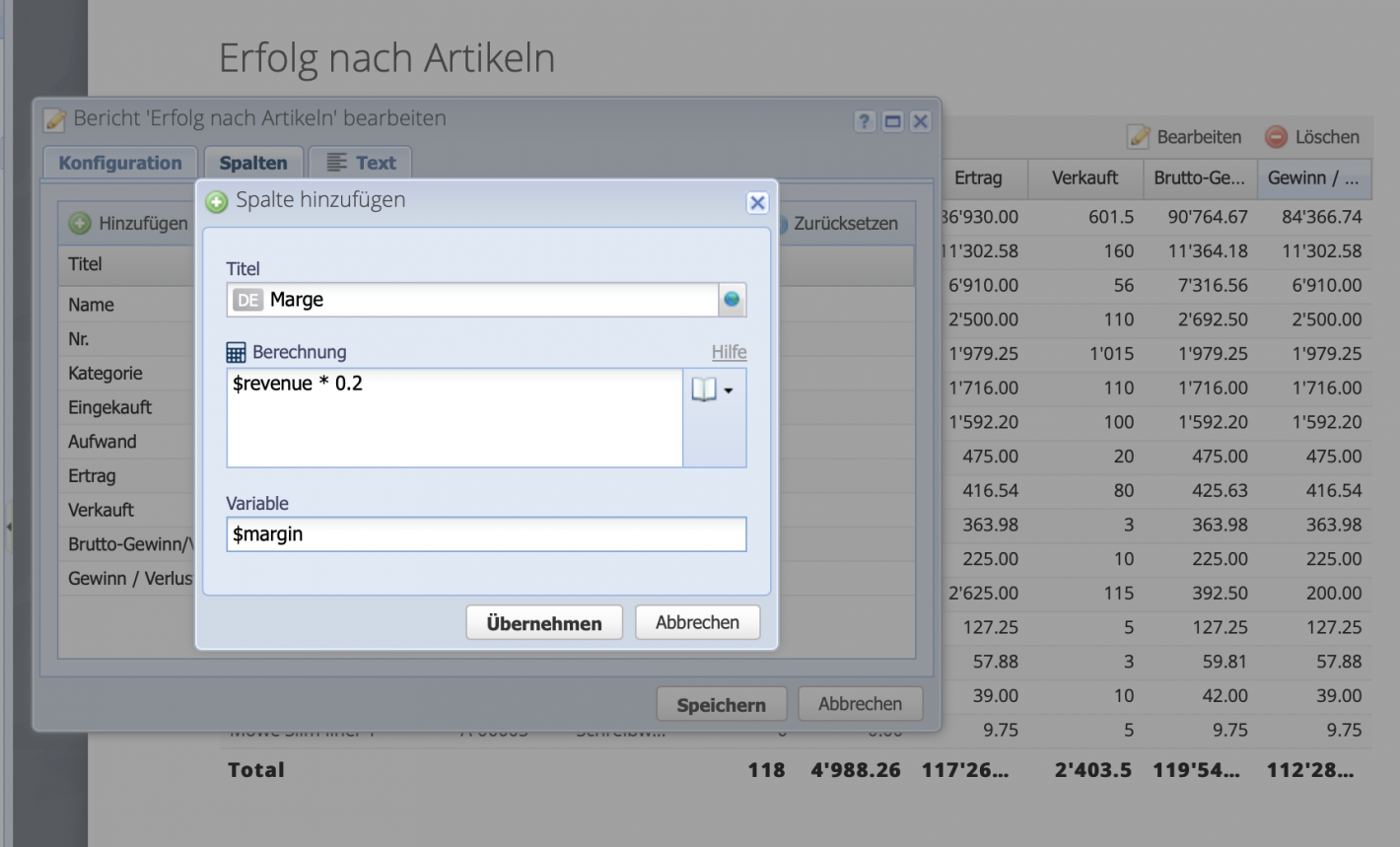 Screenshot of the configuration of a report with the addition of a custom column with a custom calculation