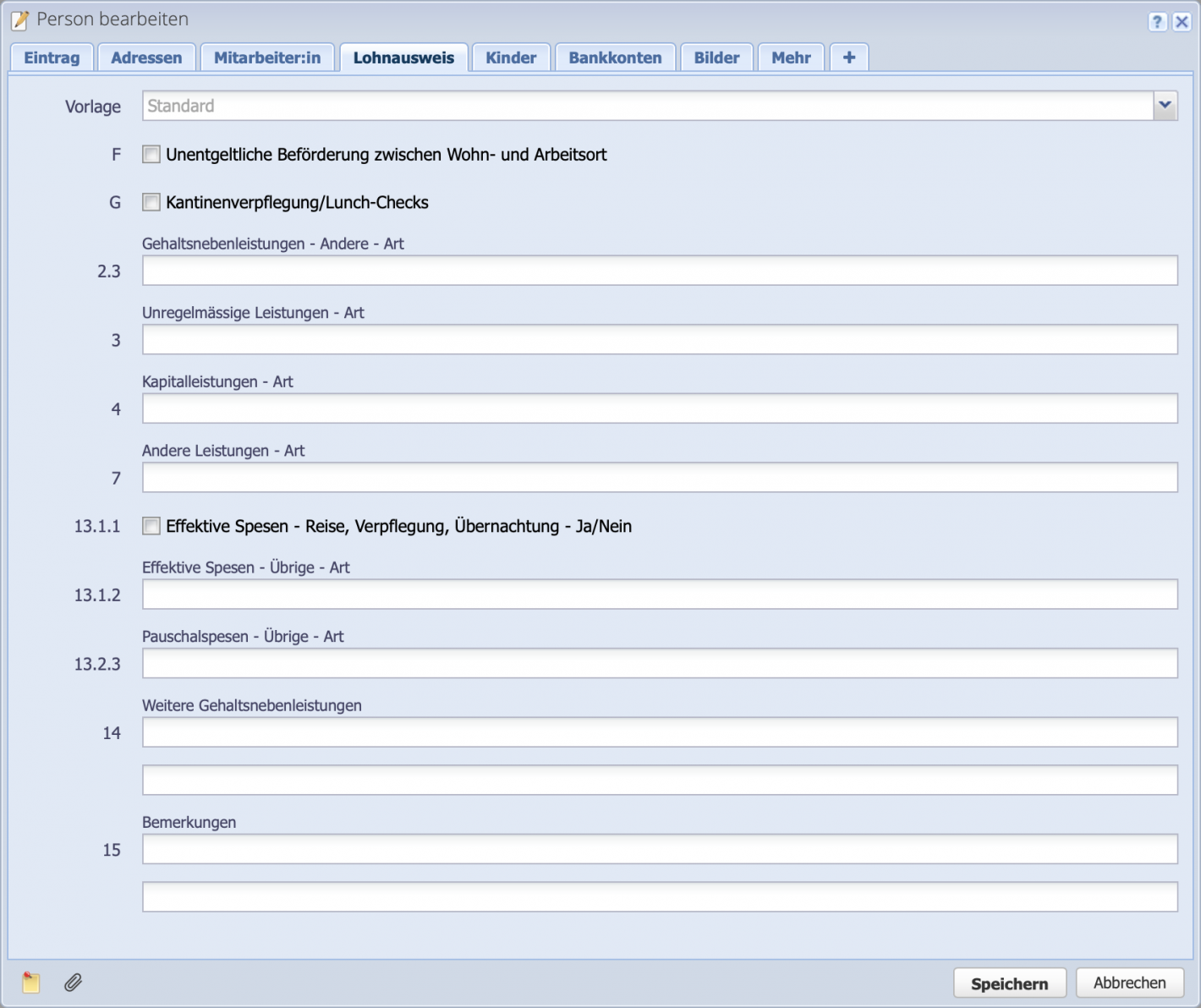 Screenshot des Lohnausweis Reiters im Bearbeiten Dialog einer Person