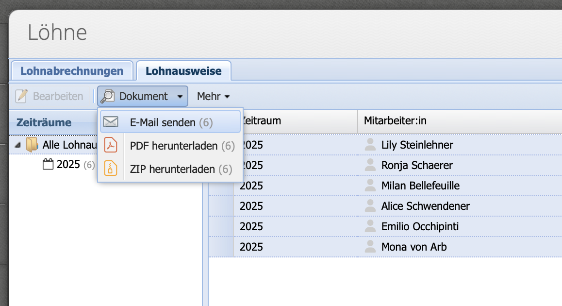 Screenshot des L&ouml;hne Bereichs mit einigen markierten Lohnausweisen und dem ge&ouml;ffneten Dokumen Dropdown Men&uuml; zum Versenden per E-Mail