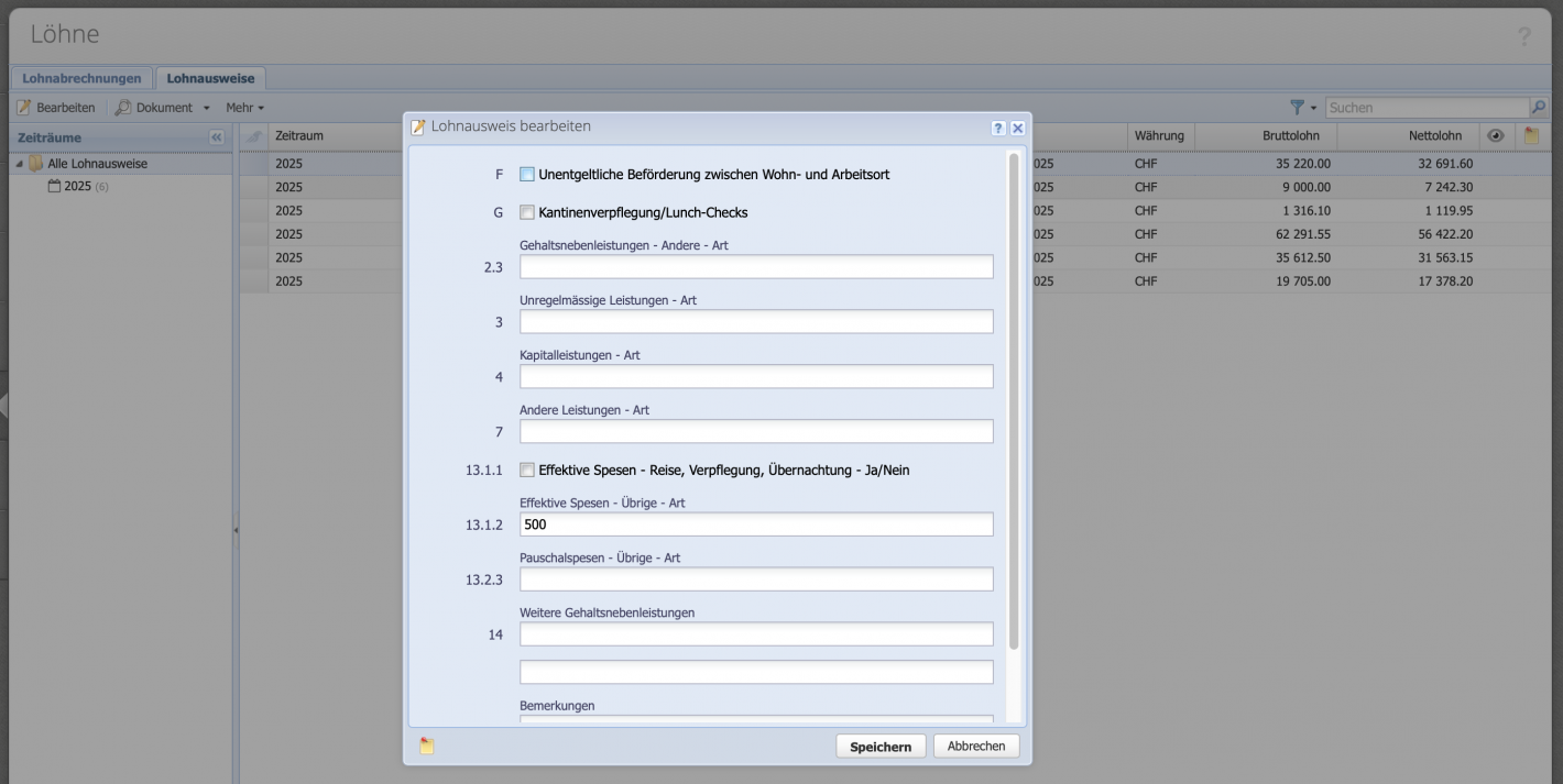 Screenshot des Bearbeiten Dialogs eines Lohnausweises