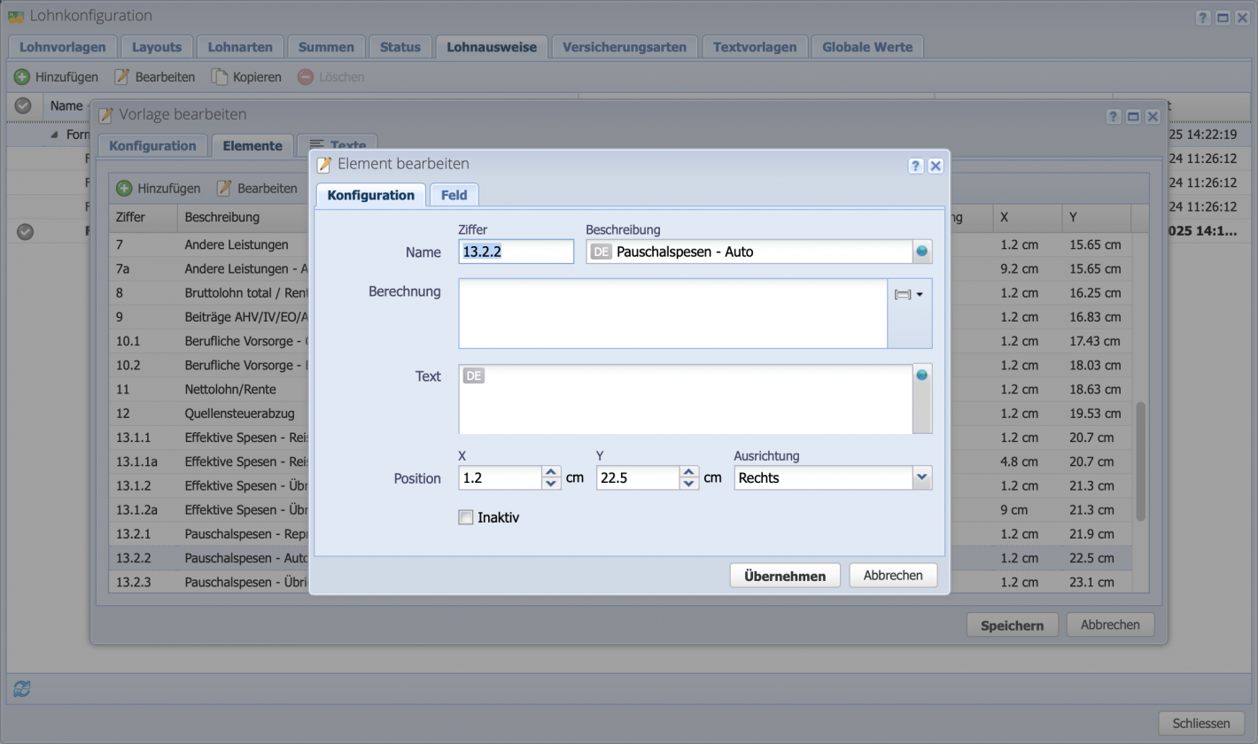 Screenshot Lohnausweisvorlage Bearbeiten in der Lohnkonfiguration 