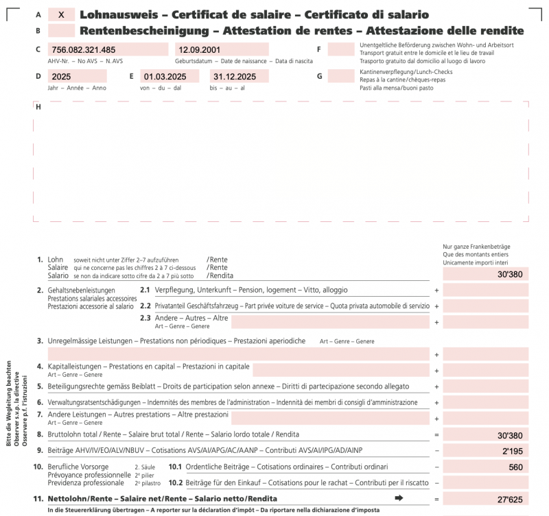 Lohnausweis Ausschnitt eines PDFs aus der CashCtrl Lohnbuchhaltung