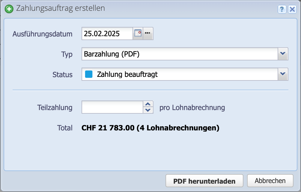 Screenshot des Zahlungsauftrag erstellen Dialogs