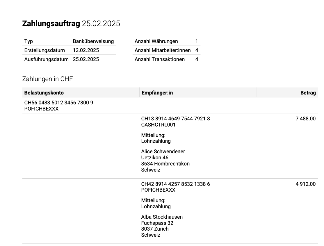 Screenshot eines Zahlungsauftrag PDFs zur manuellen Eingabe der &Uuml;berweisungen