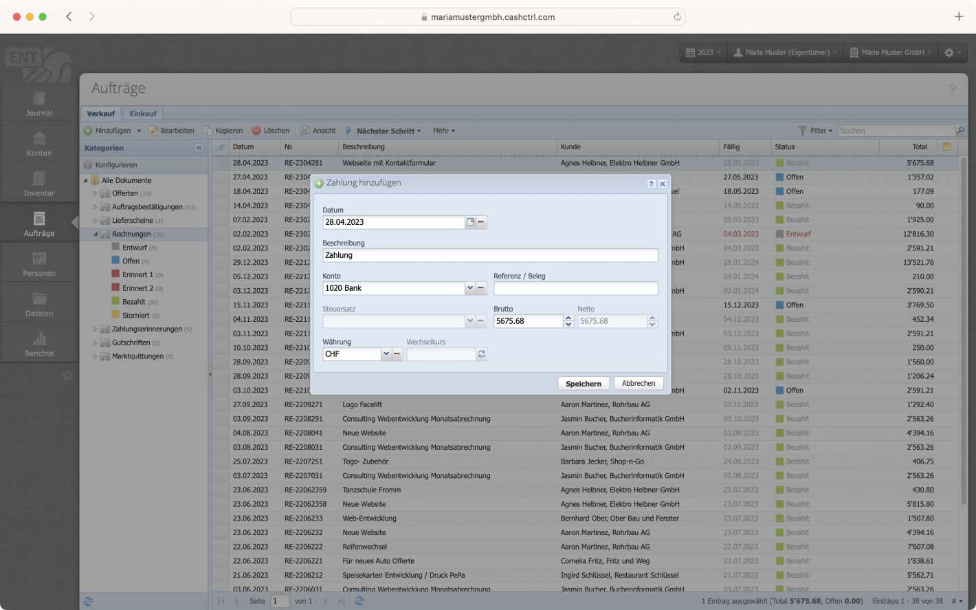 Screenshot of the recording of the payment of an order document in CashCtrl