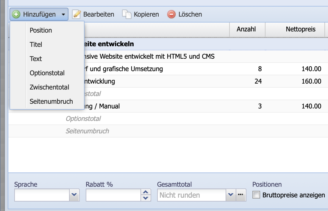 Screenshot of the Add dropdown menu for structuring the invoice document